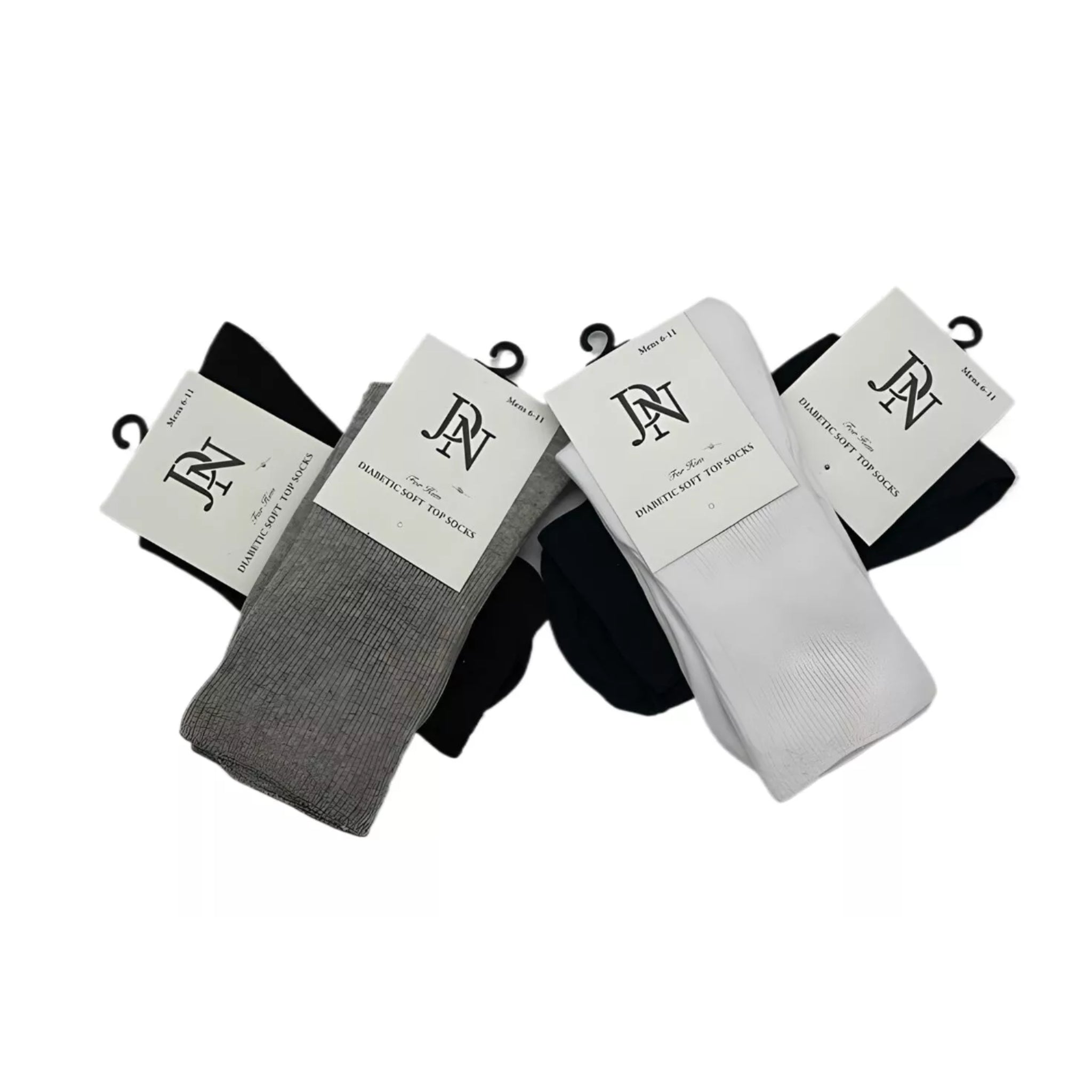 Mens JDN branded black, grey, navy and white diabetic socks with non-elastic soft top for comfort and circulation support
